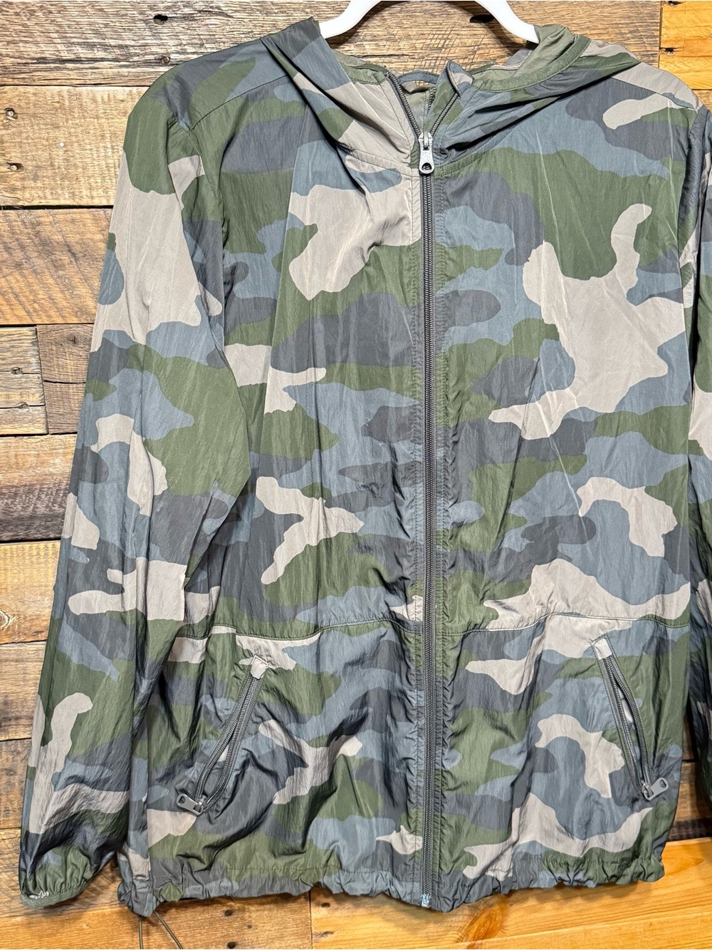 Aerie Womens Large Green Camo Bungee Waist Hooded Zip Up Rain Jacket